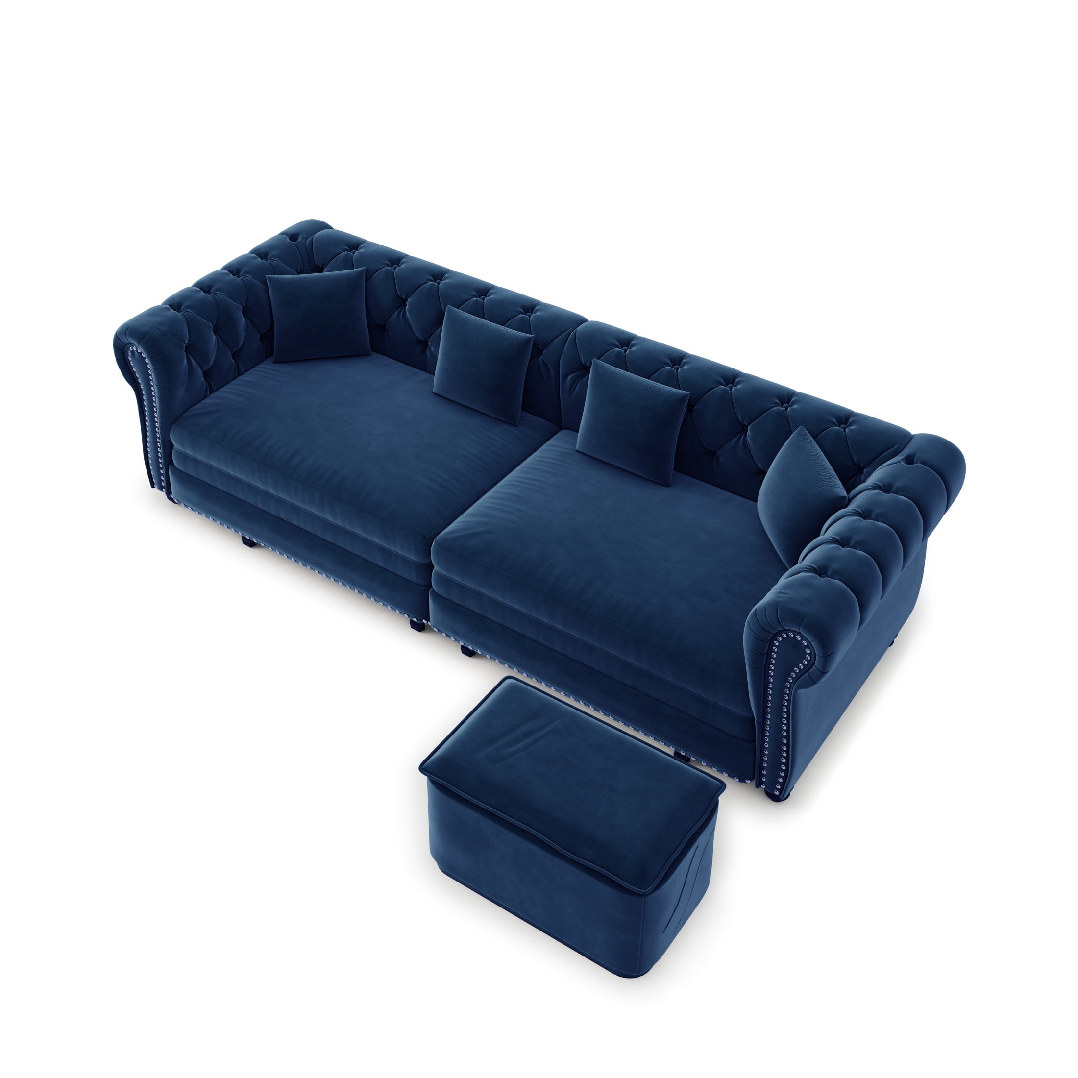 Noble House Ulwick Velvet Chesterfield Pull-Out Sofa Bed, 3-in-1 Convertible Sleeper Couch with Movable Ottoman, Blue