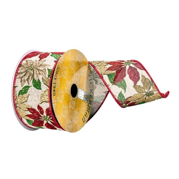 Vickerman 2.5" x 10 Yards Beige, with Red and Mocha Poinsettias Ribbon
