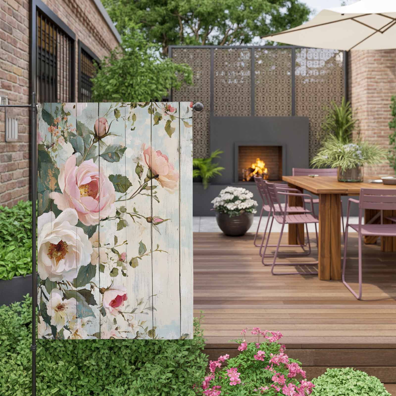 Retro Pink Rose House Flags For Outdoor, White Flowers Leaf Blue Board Pastoral Small Double Side Yard Flags Weather Proof House Decor for Lawn Outside Holiday 28 x 40 Inches