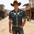 thumbnail image 2 of Western Cowboy Print Short Sleeve Button Down Shirts for Men Casual Camp Shirt Classic Yoke Design Black L, 2 of 4