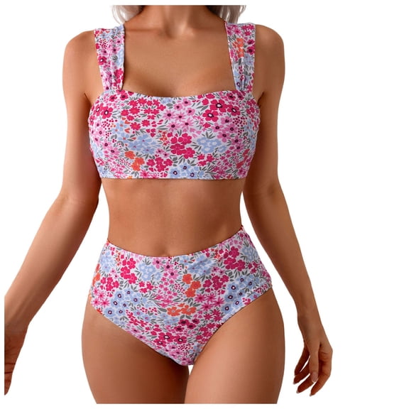 Wamejoo Women's High Waisted Bikini Sets Wide Straps Two Piece Swimsuit Floral Print Bathing Suits (Hot Pink, XL)