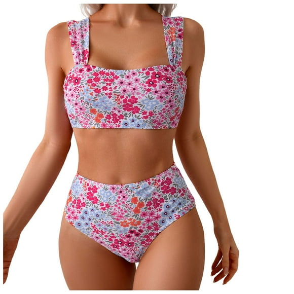 Zanarzt Bikini for Women High Waisted Bikini Push Up Two Piece Swimsuits High Waist Print Bikini Set Hot Pink,M