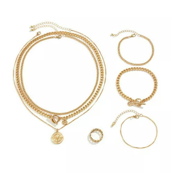 K-KED Men's Fashoin Simple Compass Buckle Bracelet Necklace Ring Bracelet 3Pieces Set-Gold