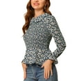thumbnail image 4 of Allegra K Women Floral Peplum Top Peter Pan Collar Chiffon Smocked Blouse Navy Blue 2XL, 4 of 5