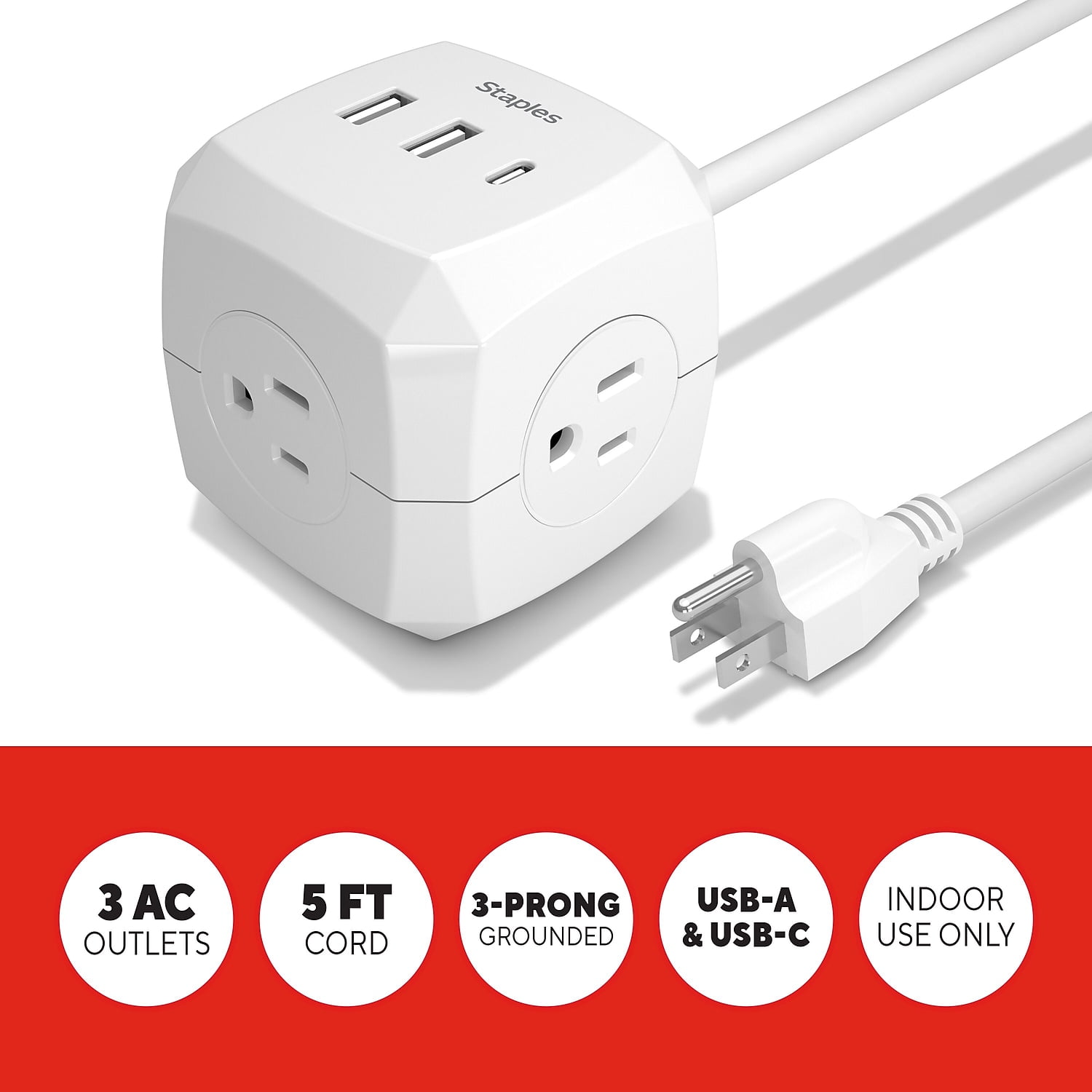 Staples TECH 5' Extension Cord 3-Outlet 14 AWG White (ST62348)