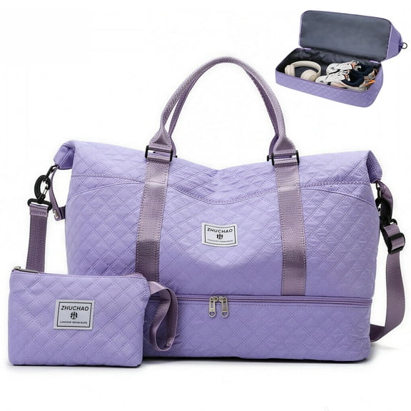 Weekender Bags for Women, Carry on Travel Duffel Bags with Shoe Compartment, Waterproof Overnight Bag with Wet Pocket and Toiletry Bag, Gym Bag Travel Essentials (Purple)