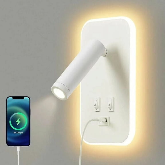 LED wall lamp, bedside lamp with switch, USB charging port, adjustable ambient light for bedroom (natural light 3 W hot light 9 W) White