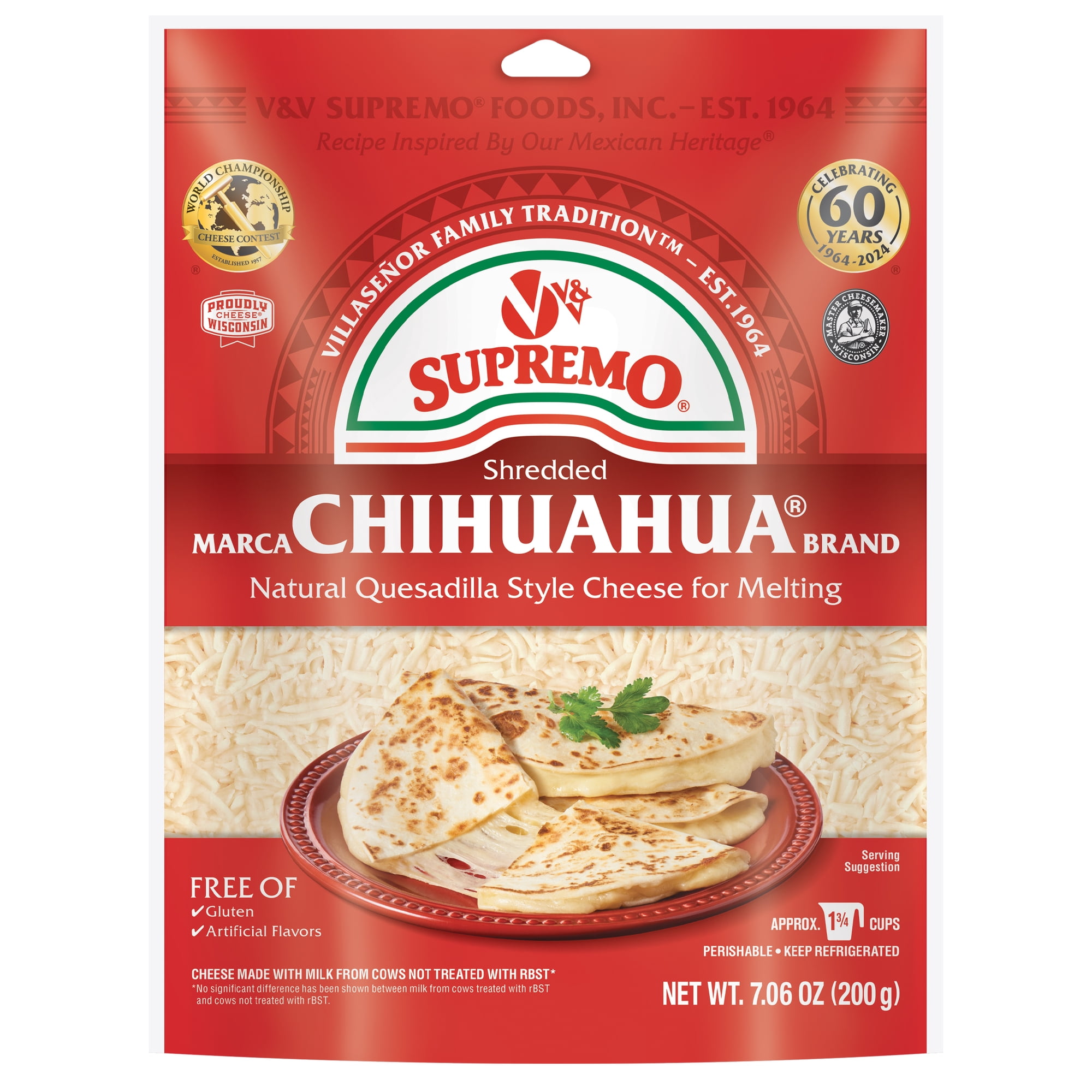 V&V Supremo Shredded Chihuahua Authentic Mexican Style Quesadilla Cheese, Gluten-Free, 7.06 oz, Refrigerated