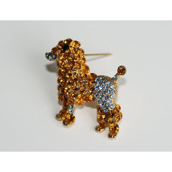 Rhinestone Poodle Brooch, Crystal Poodle Dog Puppy Pin, Gold Tone Poodle Pin Unique Gift for Dog Lover