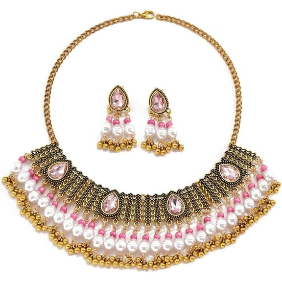 Bohemian Indian Bride Wedding Jewellery Set for Women Traditional Oxidized Ethnic Style Necklace Dangle Earring Tassel Beaded Cubic Zirconia Choker Tribal Bollywood Jhumka Jewelry Gift