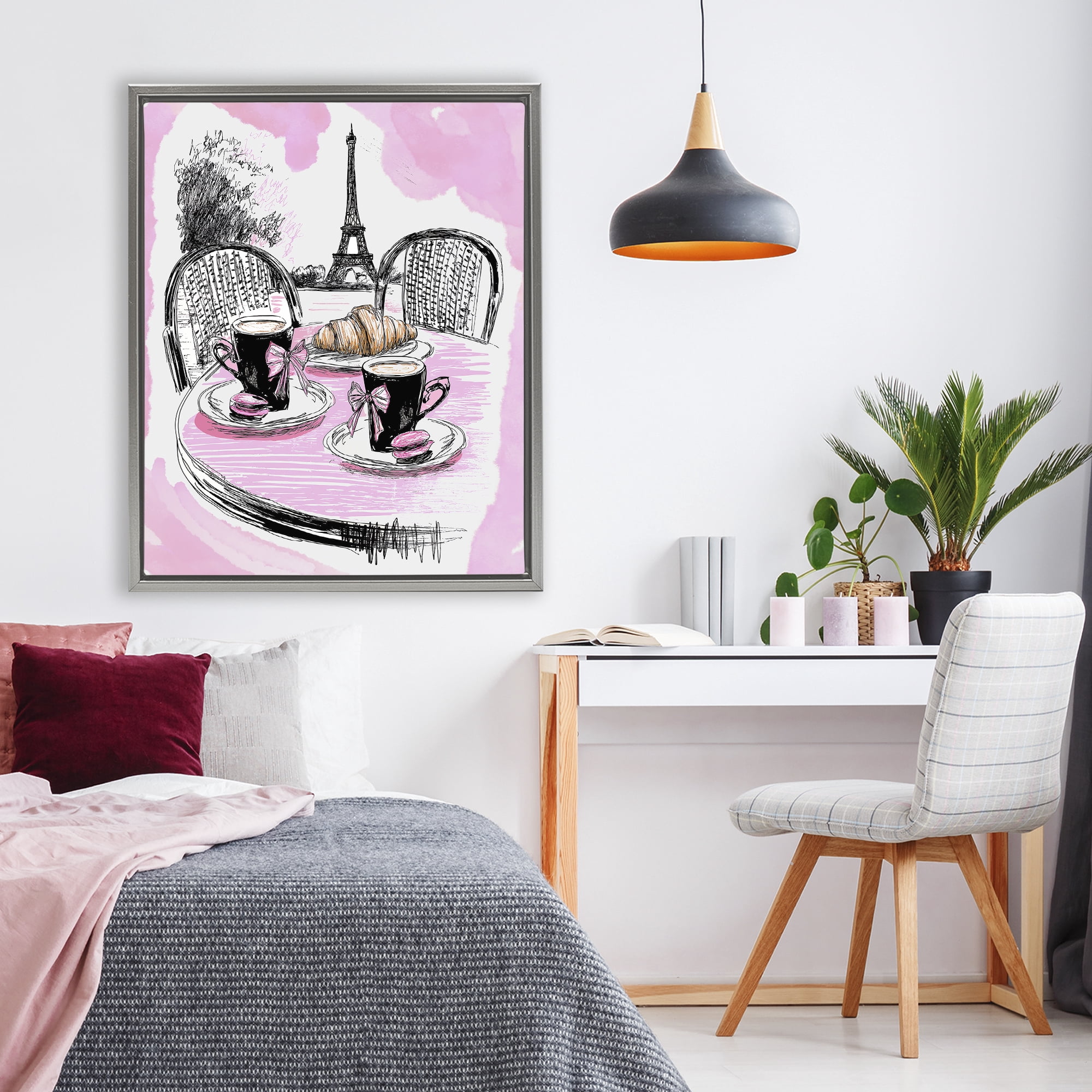 Stupell Industries Pink Parisian Cafe Breakfast Gray Framed Floater Canvas Wall Art, design by Jess Stempel
