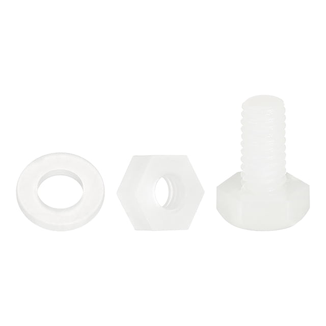 Uxcell 150 Pack/50 Sets Nylon Hex Bolts, M4 x 8mm Plastic Full Threaded Hex Head Screws Bolts and Nuts with Flat Washers for Machinery Electronics Industrial Accessories, White