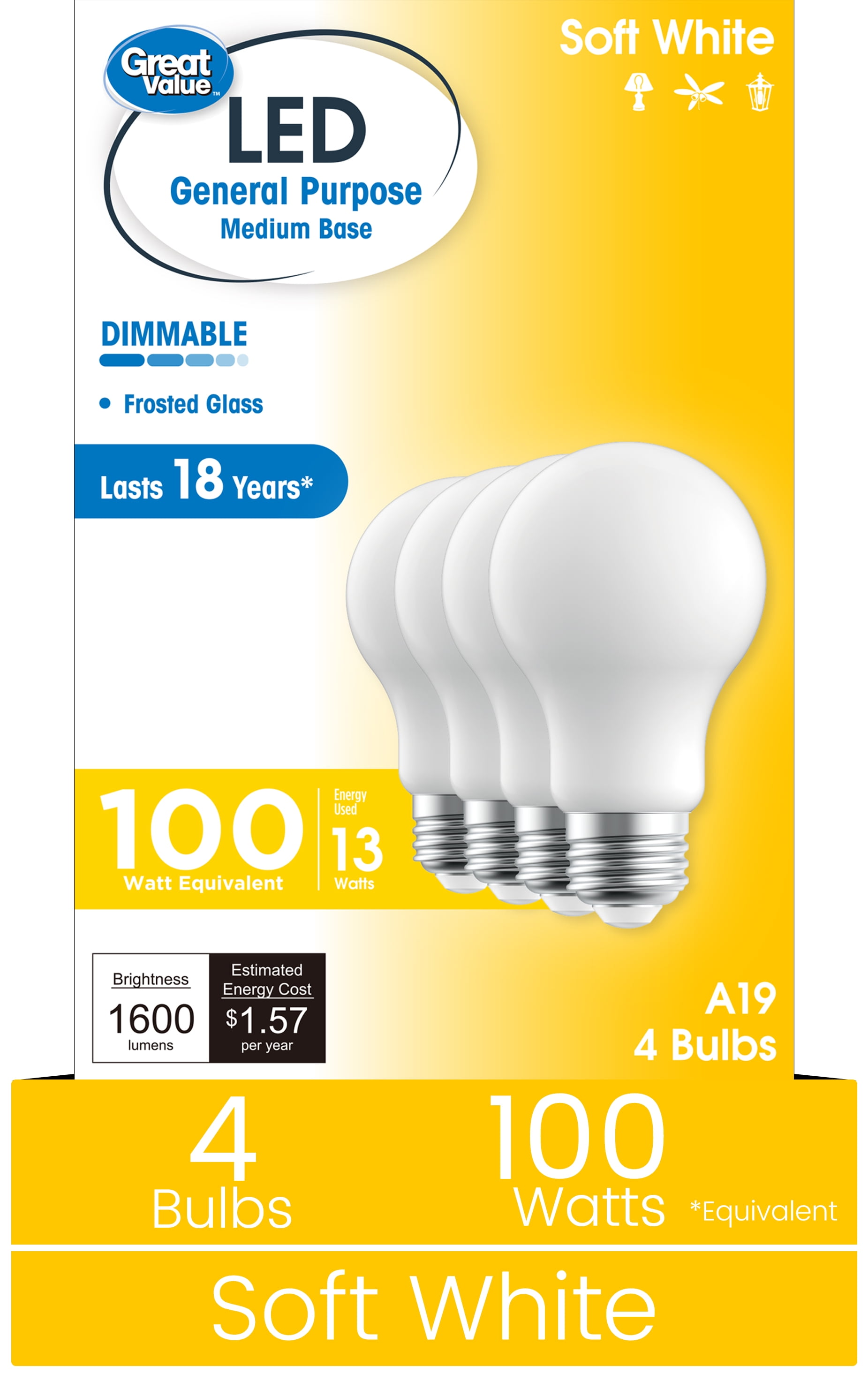 (2 pack) Great Value A19 LED 13W (100W Equivalent) Soft White E26 Medium Base General Purpose Light Bulbs, Dimmable, 4 Pack