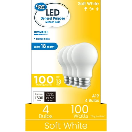 Great Value 18YR A19 LED Light Bulb, 13W (100W Equivalent) Dimmable Soft White E26 Medium Base, 4 Pack
