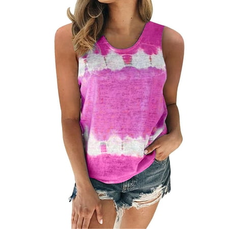 DondPO Tank Tops for Women Going Out Tops Womens Plus Size Summer Spring Summer Sleeveless Tie Dye Print Patchwork Crew Neck Tanks Tops(S 5XL) Corset Tops for Women Graphic Tees for Women Hot Pink M