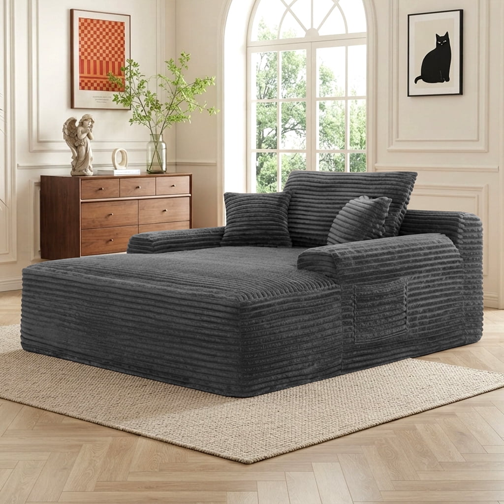 Howcool 65" Oversized Chaise Lounge Chair, Corduroy Boneless Sleeper Sofa Bed with Wide Armrest & Throw Pillows, Deep Seat Lounge Chair for Living Room, Bedroom & Apartment,Grey