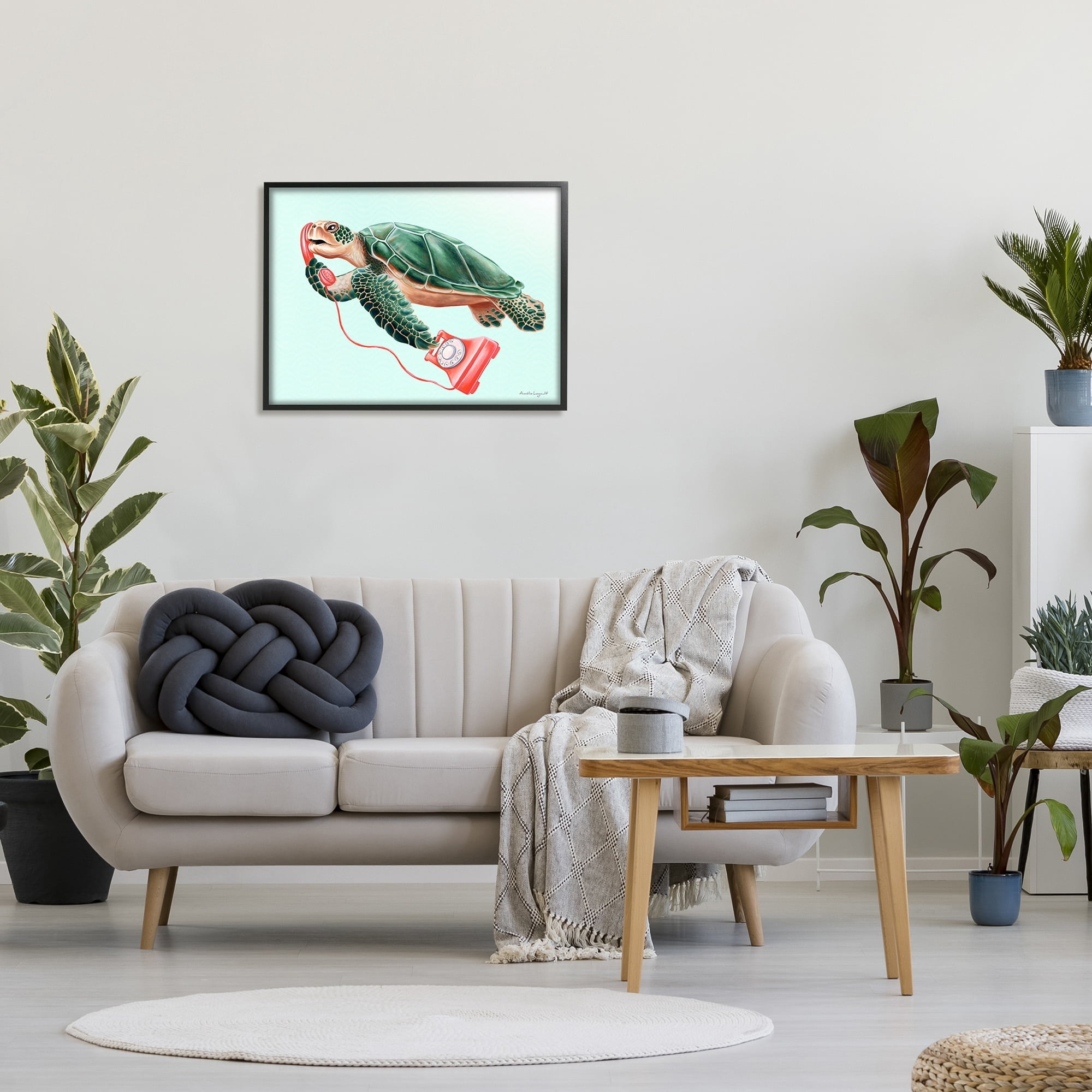 Stupell Industries Green Sea Turtle Swimming Red Rotary Telephone Graphic Art Black Framed Art Print Wall Art, Design by Amelie Legault