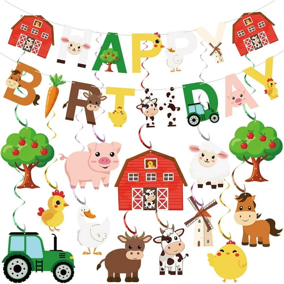 50 PCS Farm Animals Party Decorations Happy Birthday Banner and Hanging Swirls Animal Theme Foil Hanging Streamers for Farm Theme Birthday Party Supplies