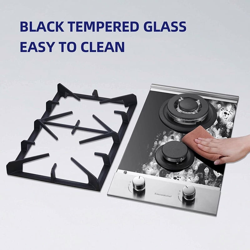 GD 12 in. 2 Burners Recessed Gas Cooktop with Tempered Glass Top, for Dual Fuel LPG/NG, Stainless Steel