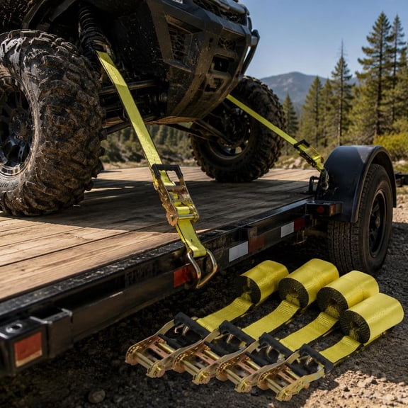 Ratchet Tie Down Straps, 4 Pack, 10000 Lb Break Strength, Double J Hooks, 2 in x 27 Ft, Polyester