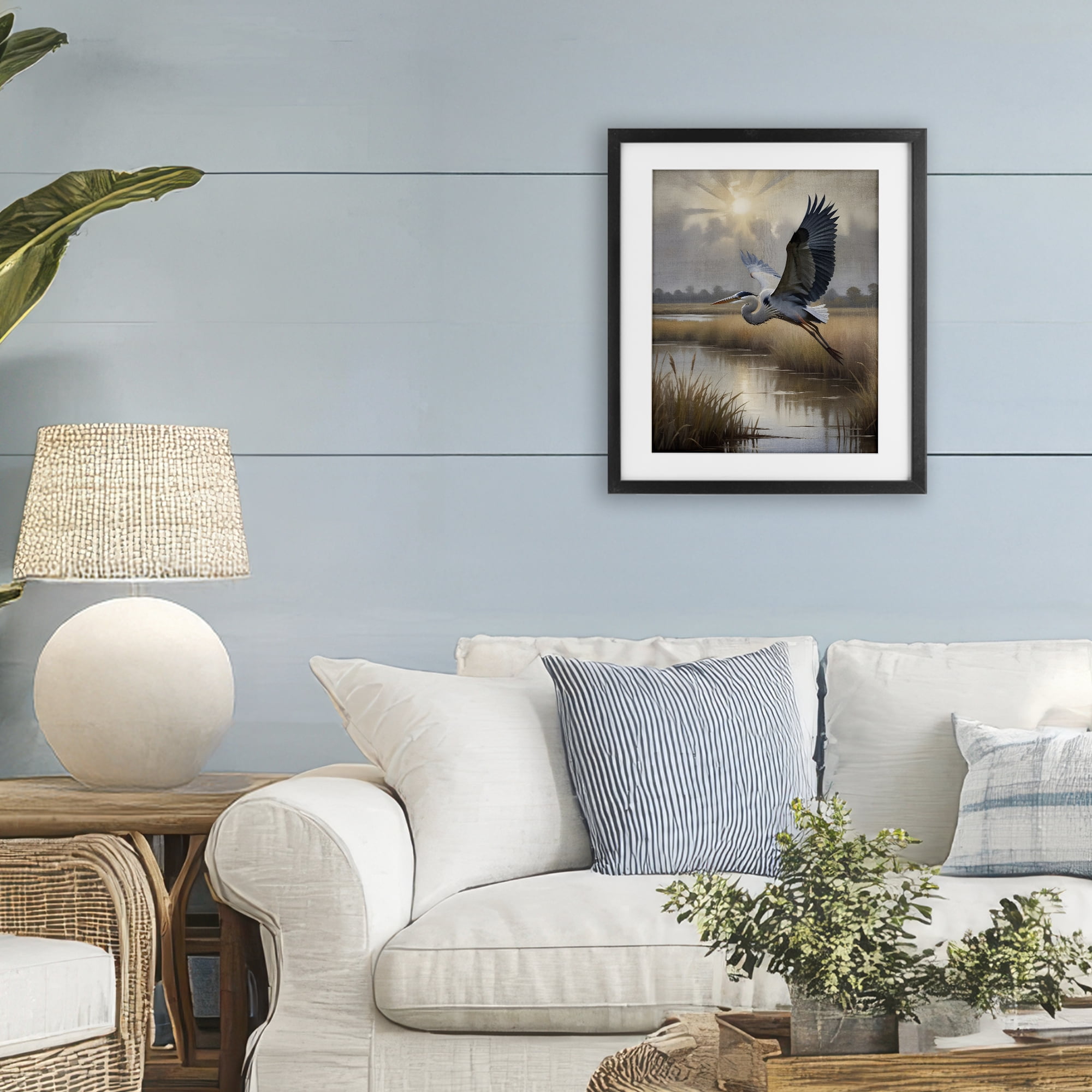 Heron Flight over Wetlands Black Framed Print Under Glass, 17 x 21 - By Susan Arnot