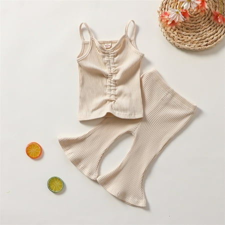 

Midriff-baring Top Toddler Girls Outfits Solid Color Flared Pants Basic Spring Summer Cute Casual Cartoon Fashion Outwear Streetwear Vocation Sets