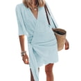 thumbnail image 3 of Vestido mediano de manga corta con cuello en V de lino para mujer: color liso, cómodo, se ajusta a la talla, para la playa o para llevar por la calle; tallas S-XXXL, 3 of 5