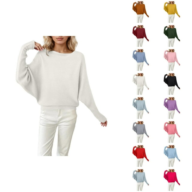 Chandails Surdimensionnés pour Femmes 2026 Automne Hiver Décontracté Manches Chauve-Souris Col Rond Chandail Tricoté