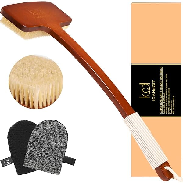 wonima11 Exfoliation Set-17.71 Inch Boar Bristles Back Scrubber Bath Brush,Shower Brush with No-Slip Curved Handle,Dual-Sided Face Exfoliation Glove