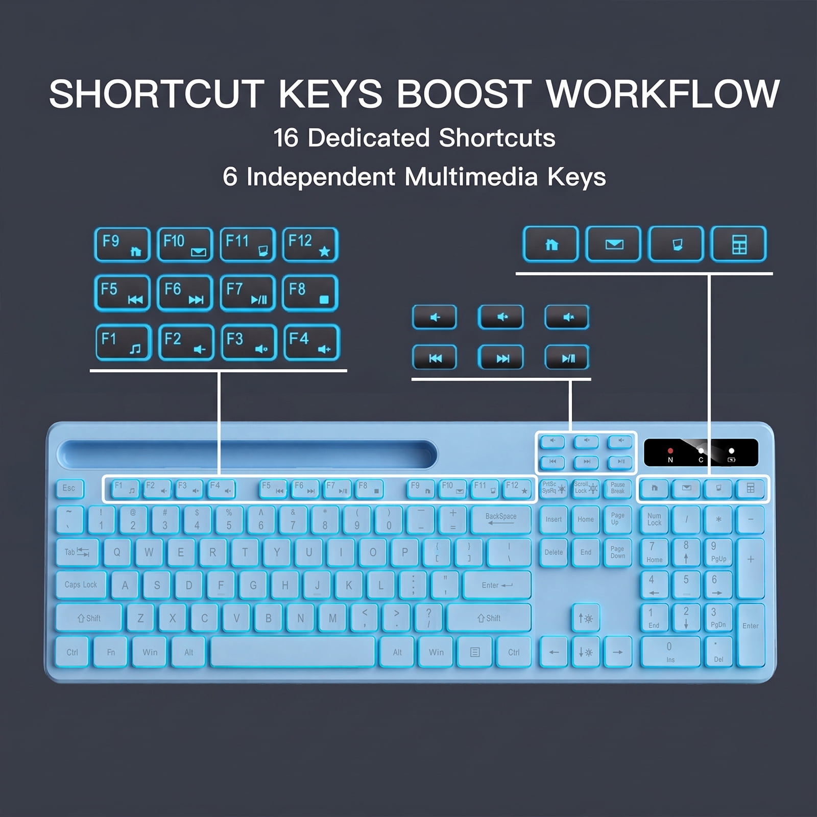Wireless Keyboard with 7-Color RGB Backlit, Marvo Full-Size Computer Keyboard with Phone Tablet Holder, Rechargeable 2.4G Wireless Gaming Keyboard with Light up Keys, Compatible with Mac,Window, Blue