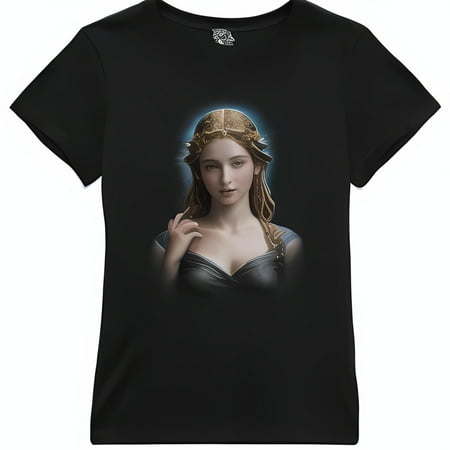 Anime Style Goddess Athena Portrait Black T-Shirt with Glowing Effect Unique Design Featuring Goddess with Gold Jewelry and Elements Perfect Fit