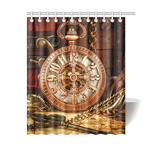 ARTJIA Vintage Antique Pocket Watch On An Ancient World Shower Curtain Bathroom Curtain 60x72 inches