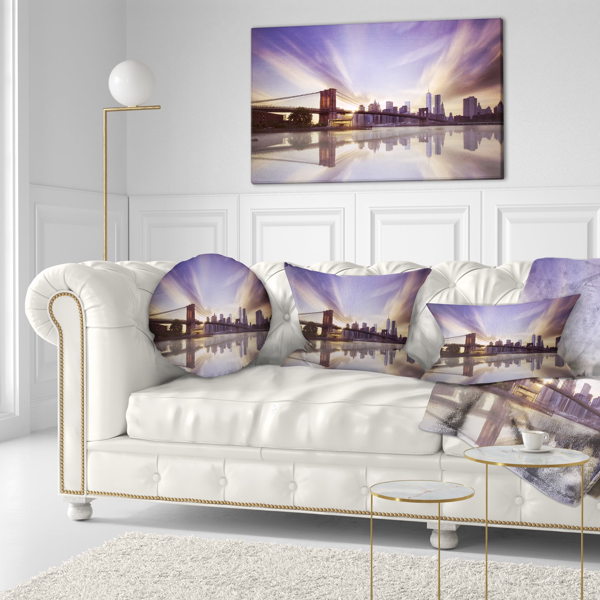 Designart Purple Sky Over Brooklyn Bridge - Cityscape Photo Throw Pillow - 12x20