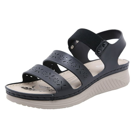 

Sandals Women Slope Heel Shoes Pu Black 41