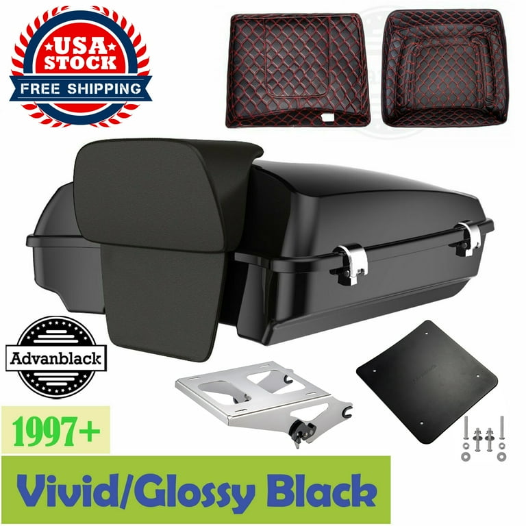 Advanblack Vivid Black/Glossy Black Razor Tour Pak Pack Backrest with 2-up Mounting Bracket Rack & Red Liners For 97+ Harley Touring Road Street Advanblack Vivid Black/Glossy Black Razor Tour Pak Pack Backrest with 2-up Mounting Bracket Rack & Red Liners For 97+ Harley Touring Road Street