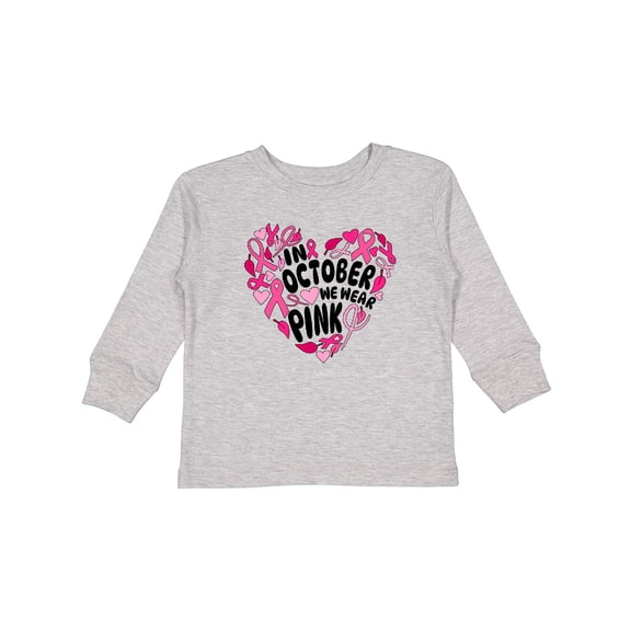 Inktastic In October We Wear Pink Breast Cancer Awareness Heart Boys or Girls Long Sleeve Toddler T-Shirt