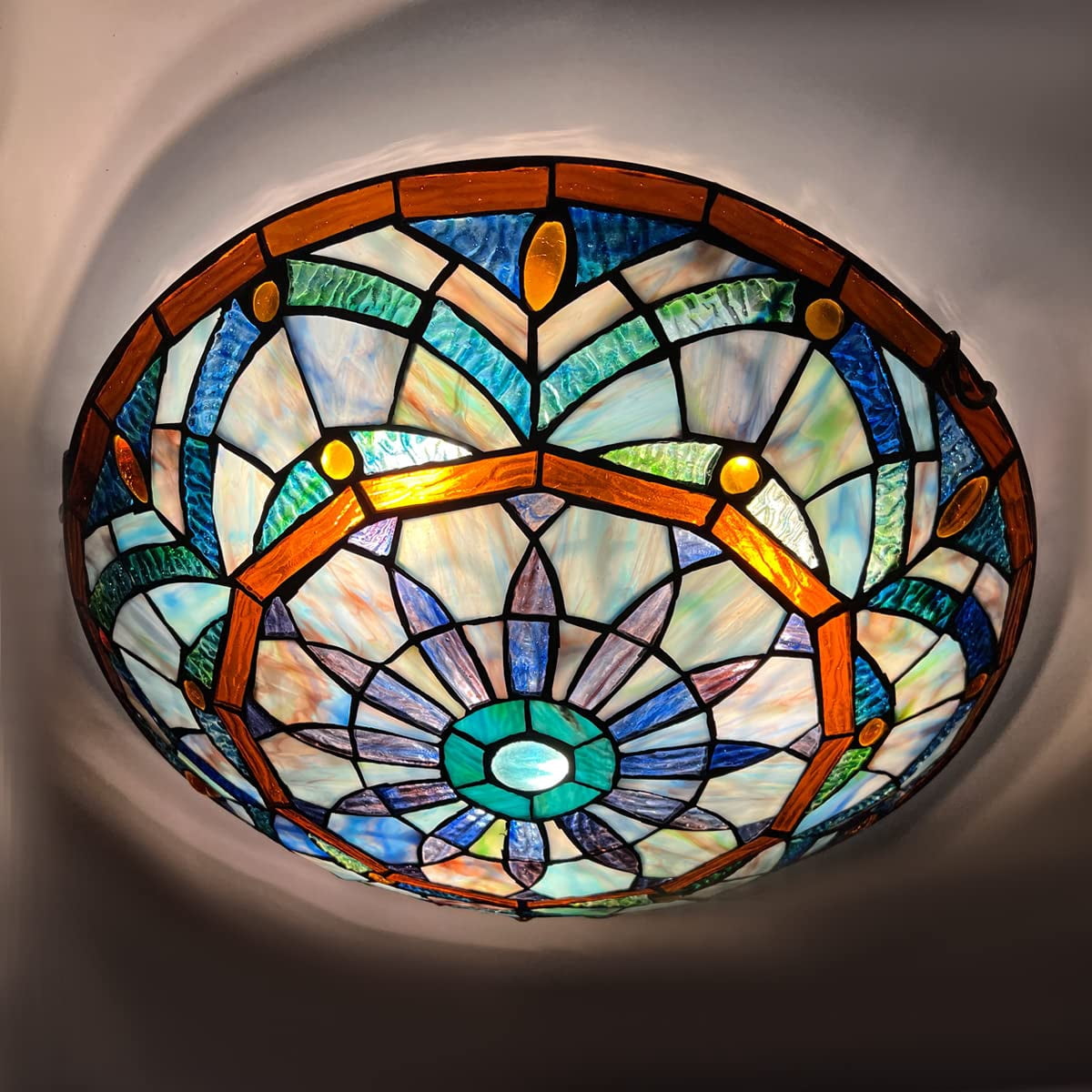 Tiffany Ceiling Light Fixtures 3-Light, Flush Mount 16" Wide Vintage Blue Stained Glass Lampshade Ceiling Lamp