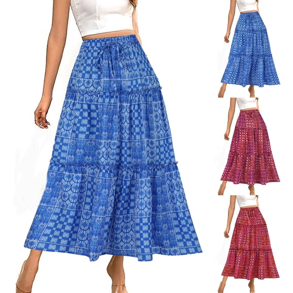 PUMISAS Summer Mid-Length Skirts For Women High Waisted Drawstring Flowy Elastic Waist Printed Skirts Casual Loose A-Line Pleated Skirts