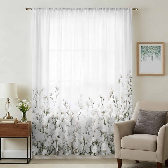 White Floral Sheer Curtains 63 Inches Long, Vintage Botanicals Blossom Motif Spring Light Filering Curtains, Breathable Simi Curtain Privacy Drapes for Living Room Bedroom Window Treatment