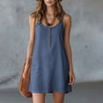 thumbnail image 4 of Women's Cotton Linen Solid Color Adjustable Strap V Neck Mini Dress Button Front Casual Sleeveless Summer Dress Navy XXL(XXL), 4 of 8