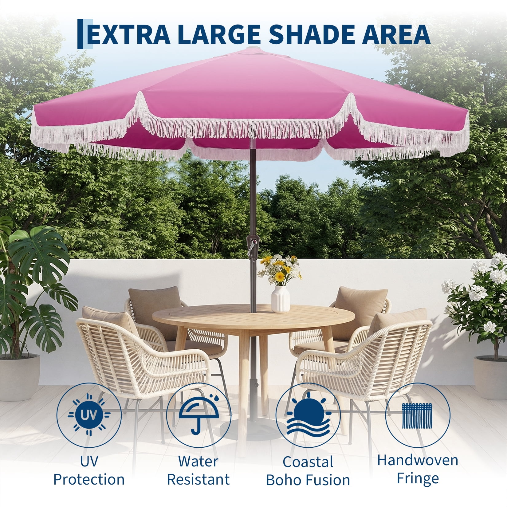 10FT Outdoor Patio Umbrella with Crank, Push Button Tilt, 8 Fiberglass Ribs, 1.5" Steel Pole, Large Tassel Canopy for Sun Shade, Beach, Pool, Backyard