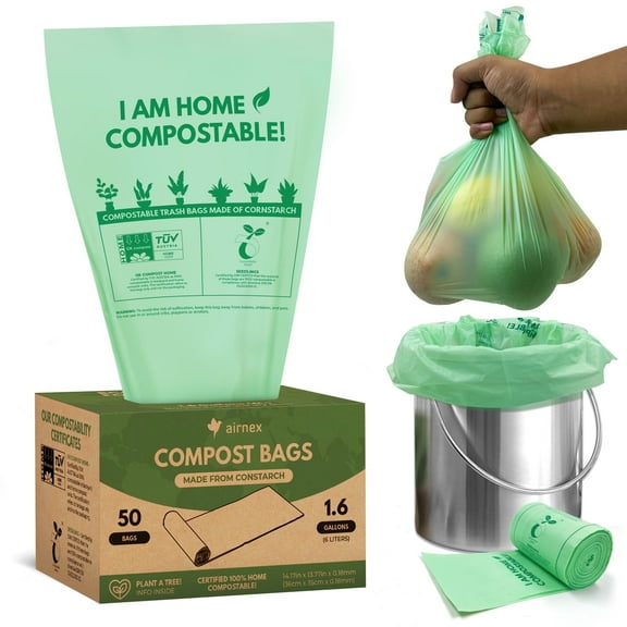 AIRNEX Biodegradable Plant Based Trash Bags 1.6 gal, Cornstarch Compostable Bags for Food Waste 50ct