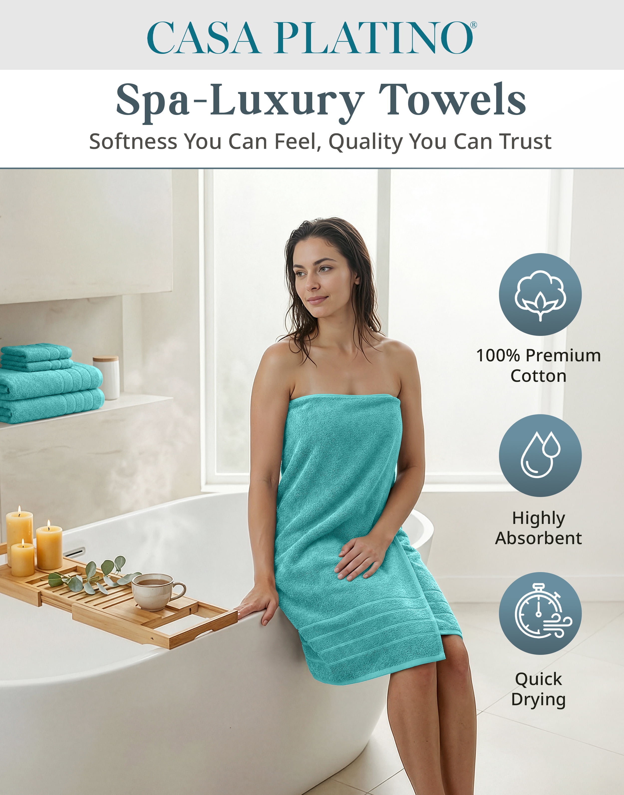 Casa Platino 12 Piece Bath Towels Set - Includes 4 Large Bath Towels, 4 Hand Towels & 4 Washcloths - Soft Absorbent Cotton Towels for Bathroom - Aqua Sky