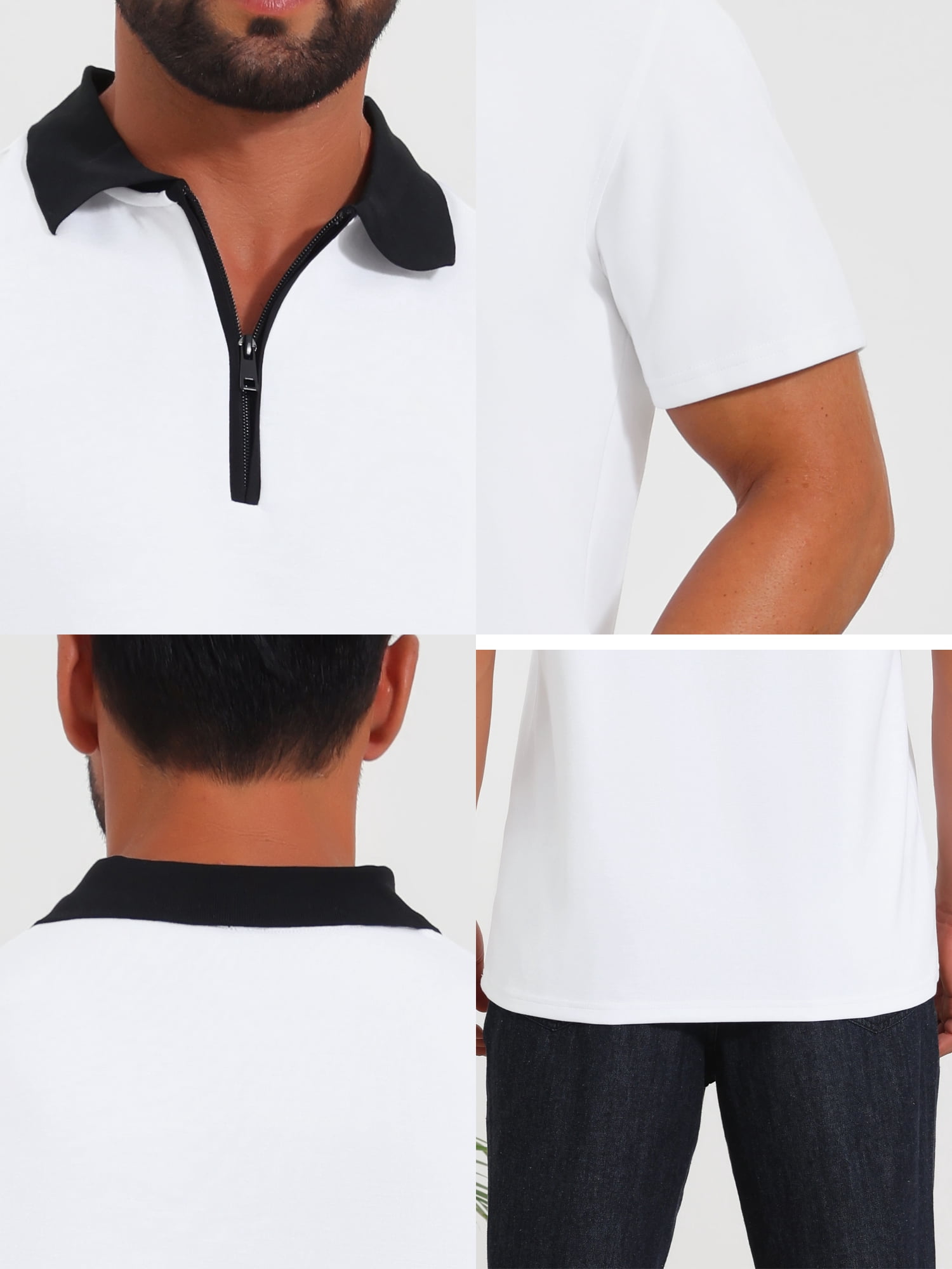 DARING DIVA Men's Zipper Closure Colorblock Short Sleeve Basic Polo Shirt S White
