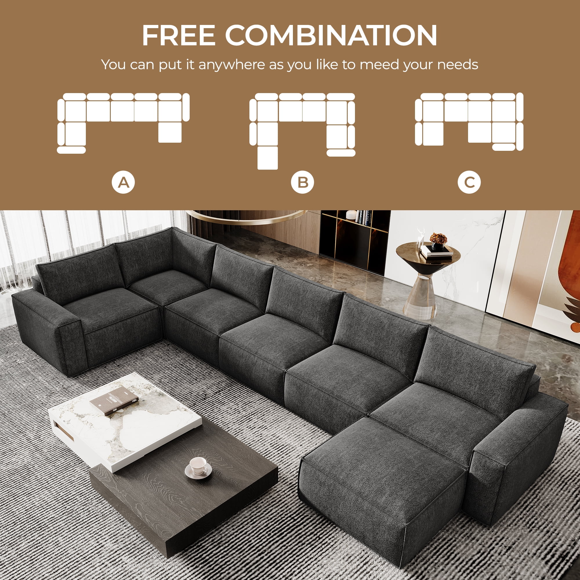 175" Oversized Boneless Couch for Living Room, Neche Modern Modular Sectional, Convertible, U Shaped, Deep Seat, Big Comfy Sofa Set with Ottoman,Grey