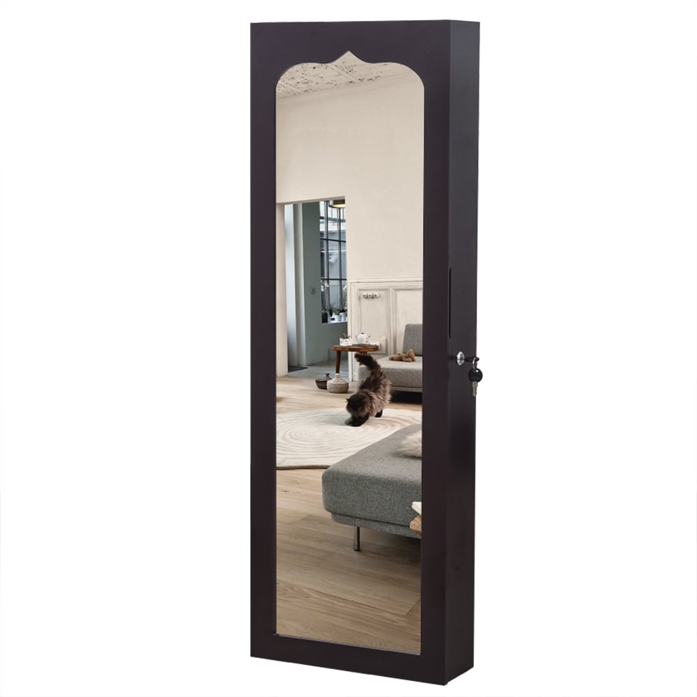 Jewelry Storage Mirror Cabinet, Nonfull Mirror Wooden Wall Mounted 4-layer Shelf, 6 Drawers, 8 Blue Led Lights