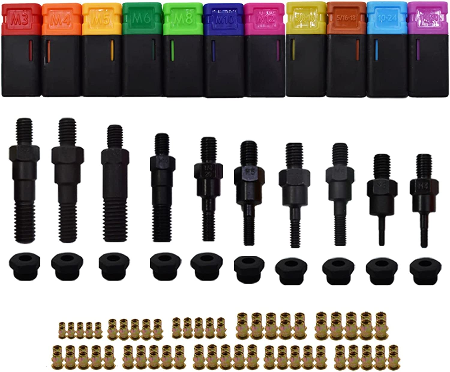 waltyotur 17 Inch Rivet Nut Tool, Rivet Nut Thread Setting Tool, Threaded Insert Manual Nutsert Tool Kit, with 11Pc Metric and Inch Mandrels and 110 Piece Rivet Nuts with Rugged Carrying Case