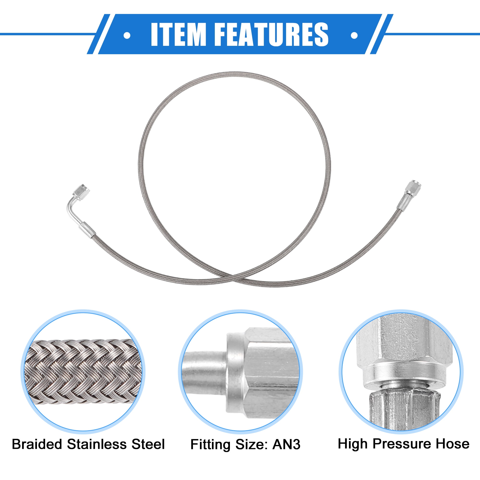 Unique Bargains AN3 Braided Steel Turbo Oil Feed Line 90 Degree to Straight Hose End 44"
