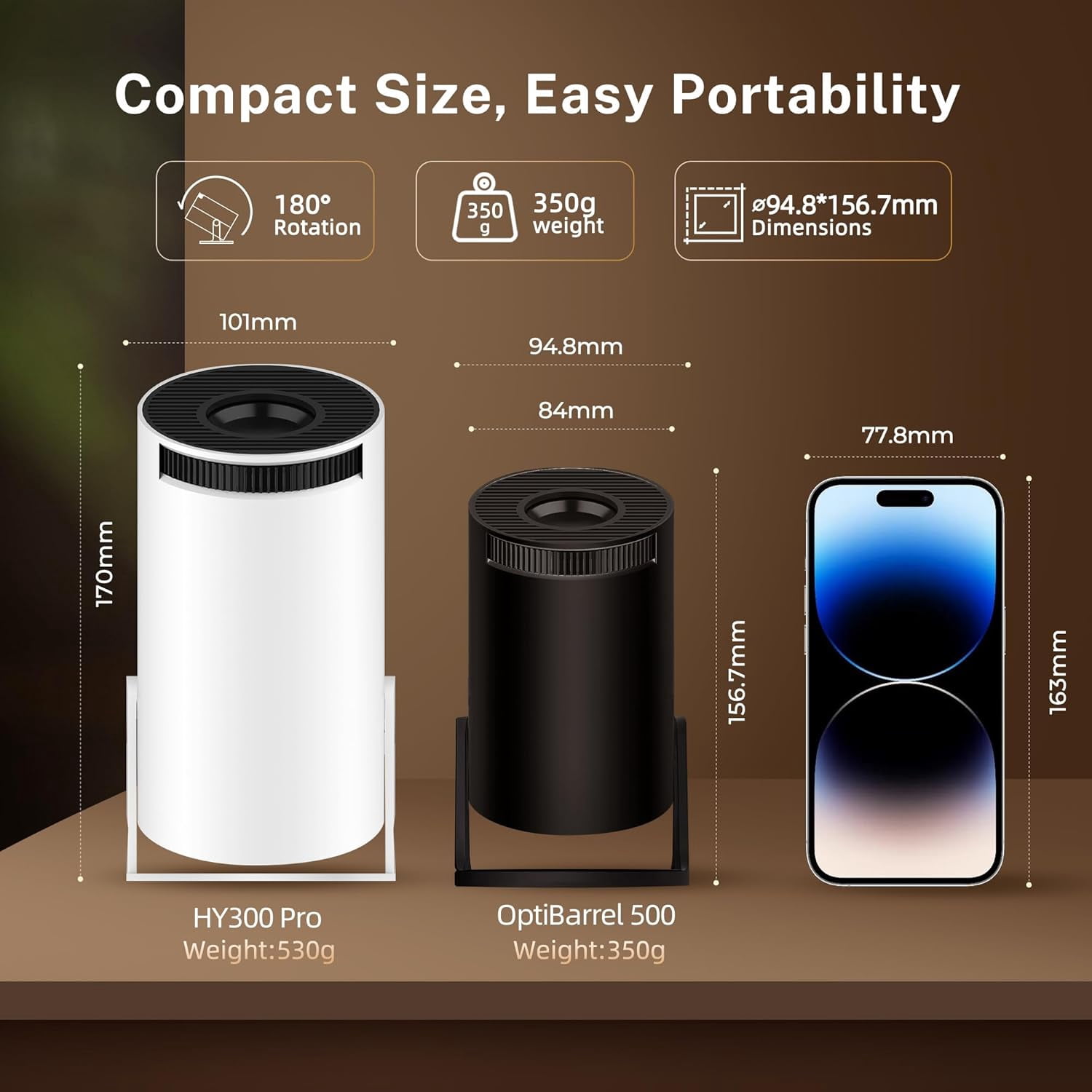 Projector with WiFi 6  5.4 Android 14 1080P 4K Support Portable Auto  OptiBarrel 500 Black