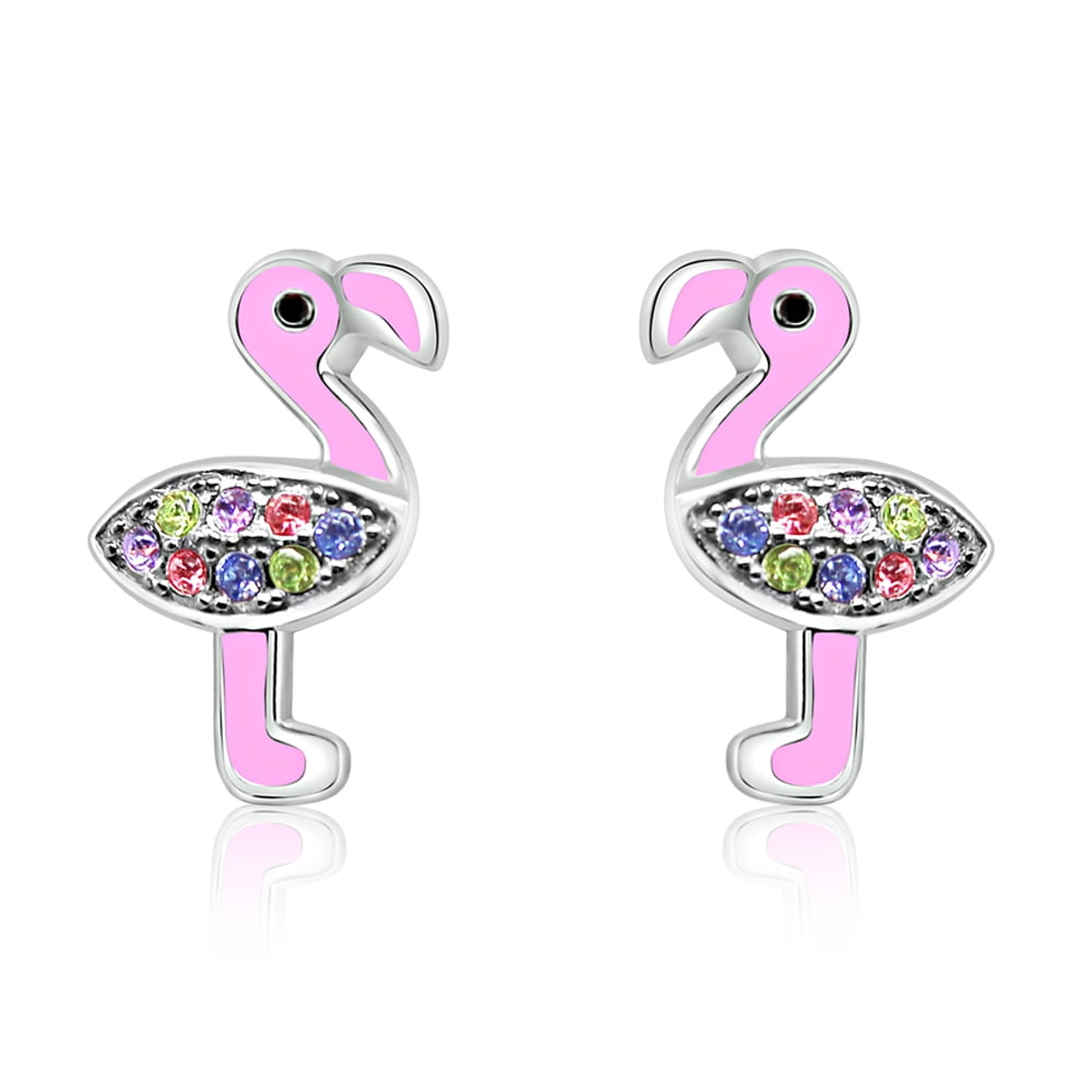Silver Tone Pink Flamingo and Palm Tree Earrings Stud Post Fast Shipping 